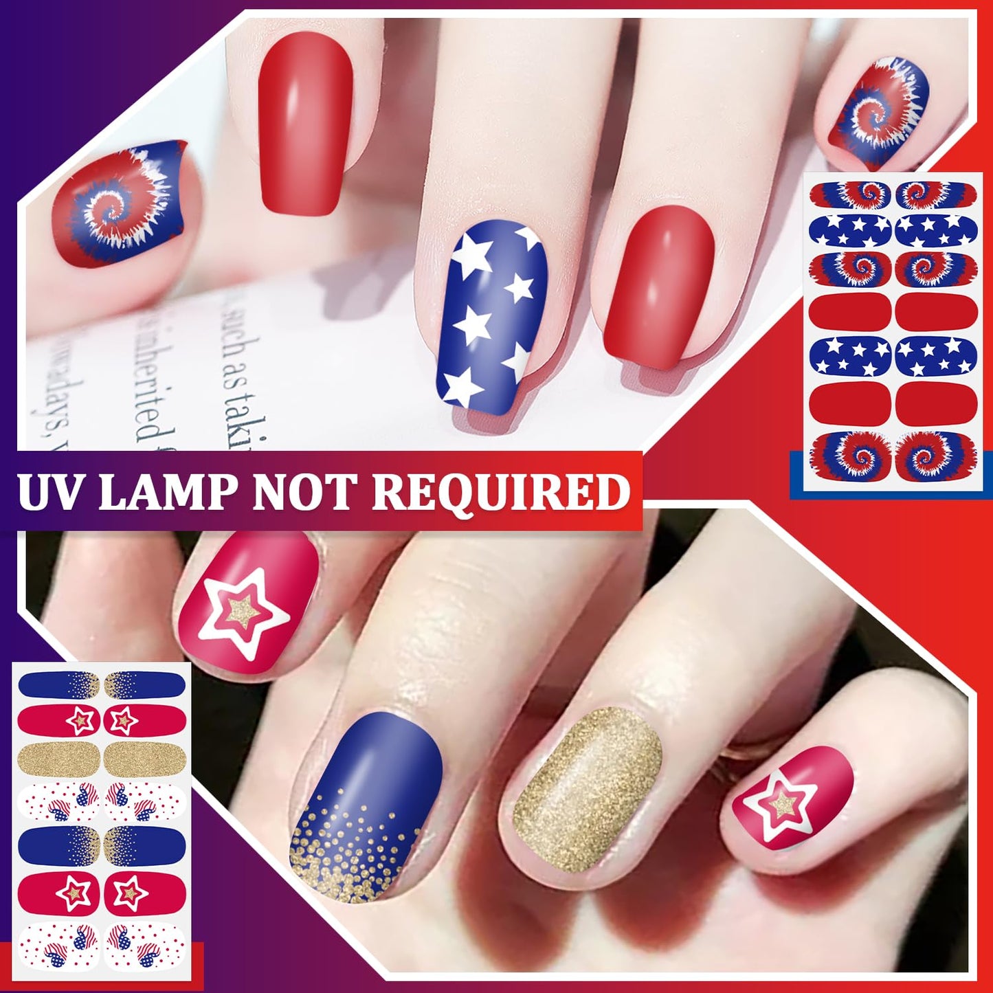 SILPECWEE 20 Sheets 4th of July Nail Wraps Independence Day Nail Polish Stickers Patriotic American Nail Polish Strips Self Adhesive Fingernail Sticker Nails for Women with Nail File