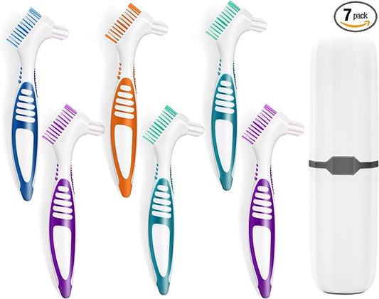 6 Pcs Denture Brush Set for False Teeth with White Carrying Case, Denture Toothbrushes with Double Sided Design, Dental Brush with Multi-Layered Soft Bristles and Rubber Anti-Slip Handle, 4 Colors