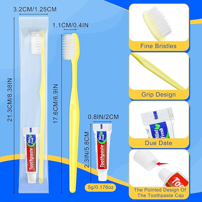 Yellow Disposable Toothbrushes with Toothpaste - Pack of 30,Individually Wrapped Single Use Travel Toothbrushes Kit Bulk for Homeless,Guests,Hotel,Dentist