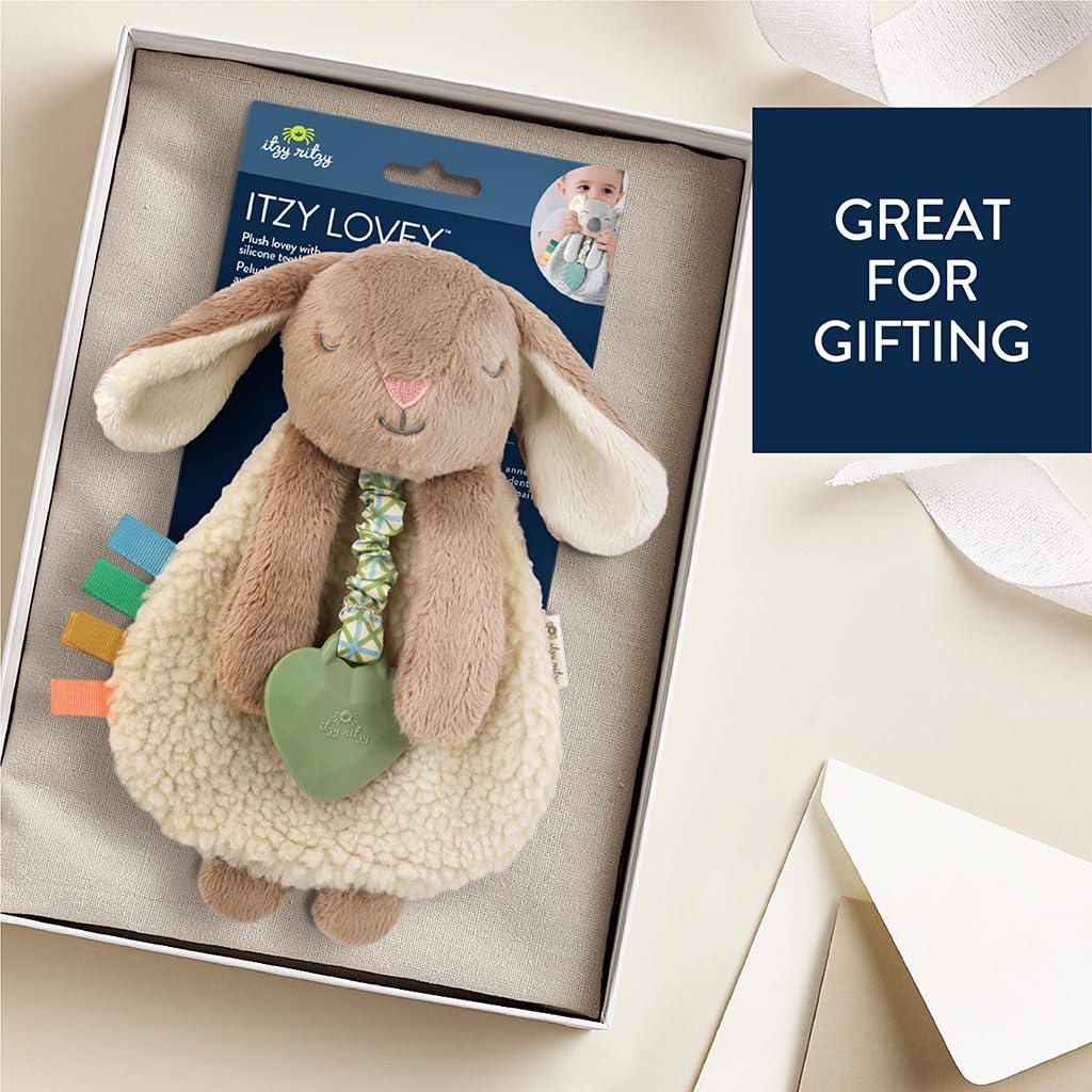 Itzy Ritzy - Itzy Lovey Including Teether - Baby Lovey with Teether, Textured Ribbons & Dangle Arms - Features Crinkle Sound, Sherpa Fabric and Minky Plush (Taupe Bunny)