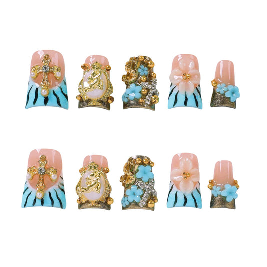 Tesytto Handmade Press On Nails Blue Zebra Short with Gold Angel Cross 3D Flower Rhinestone Charm, Stick On Fake Nails for Women, Reusable Baroque Vintage False Nails,10 Pcs(Baroque Enchanted Dream,M)