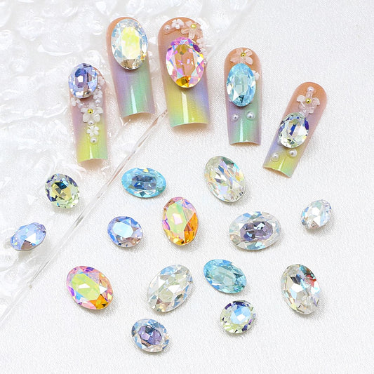JINJIAO Large Nail Rhinestone,Pointback Oval Shape Nail Charms Colorful 3D Nail Diamonds 3 Sizes Nail Gems for Nail Art Decoration DIY Crafts