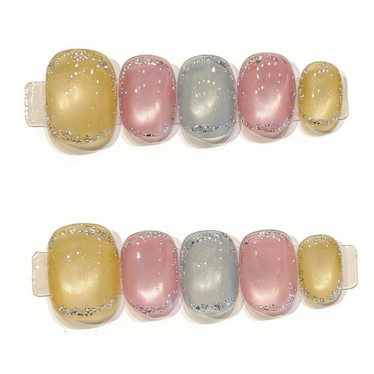 Handmade Press On Nails Short Square Three Colors Paired With Glitter Nail Art Reusable Wedding Prom And Festival Gift Handmade Acrylic Press On Nails Aacrylic Nail (S)