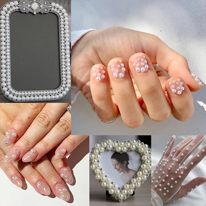 Nail Art Flat Back Half Round Pearl Kits 17, 1 Box of 6000 Pcs Flat-Back Pink AB Pearl with Tweezer and Picker Pencil for Home DIY Nails Body Face Craft and Salon Use