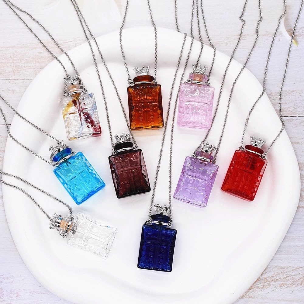 Handcrafted Glaze Glass Square Refillable Essential Oil Necklace Pendant - Aromatherapy Perfume Diffuser Pendant with Stainless Steel Chain (Grape Purple)