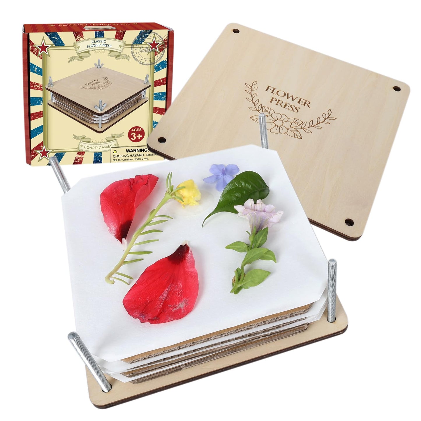 GOTHINK Flower Press Kit - 6 Layers 6 x 6 Inches, Easy to Use, DIY Dried and Preserved Flowers and Leaves, Plants Art & Crafts Wooden Flower Pressing Kit for Adults and Kids