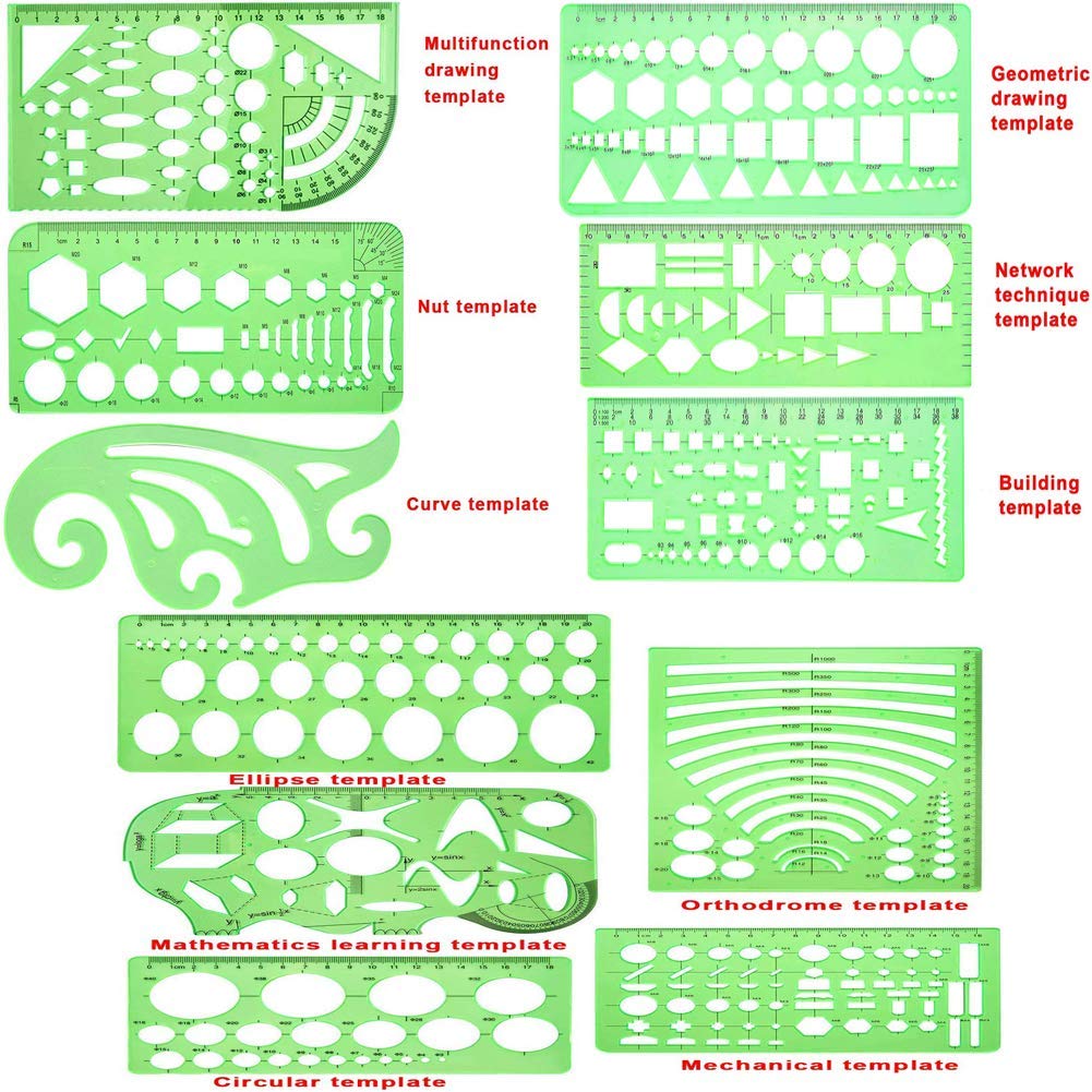ipxead 11 Piece Geometric Drawing Template Measuring Ruler, Transparent Green Plastic Ruler with Portable Plastic Bag for, for Studying, Designing and Building