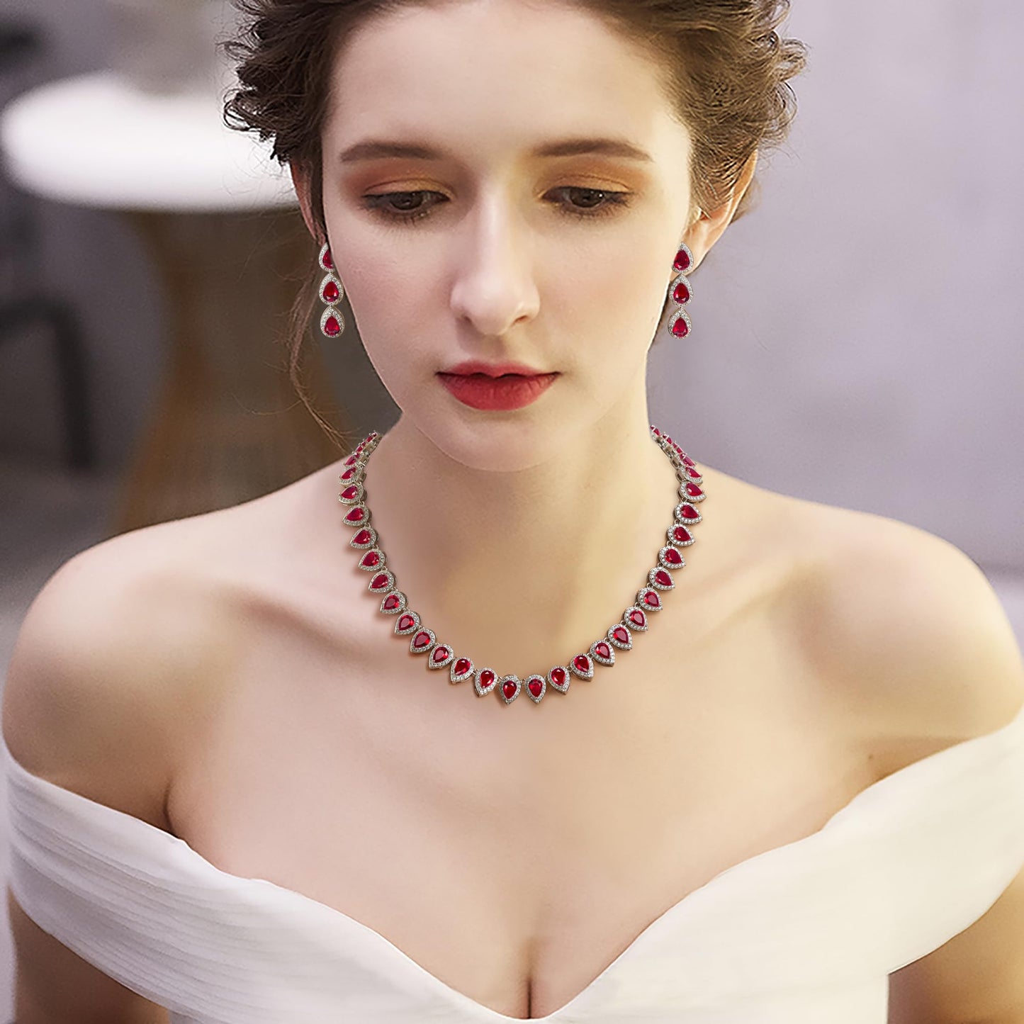 EleQueen Women's Wedding Bridal Full Prong Cubic Zirconia Teardrop Necklace Earrings Set for Brides Bridesmaids Ruby Color