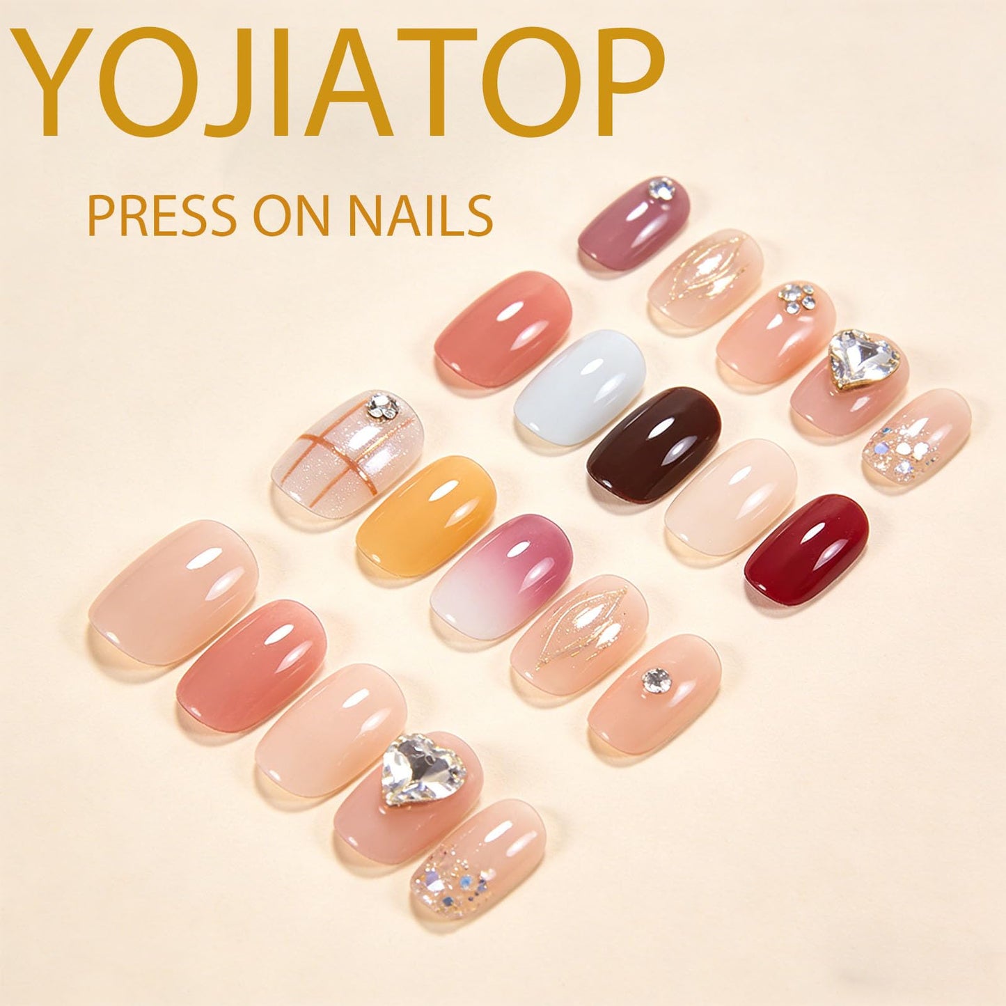 YOJIATOP Fall Press-on Nails - Short Square False Nails with Leaves & Glitter Designs, French Tip, Glossy Glue-on Nails - Black - 24 Pcs