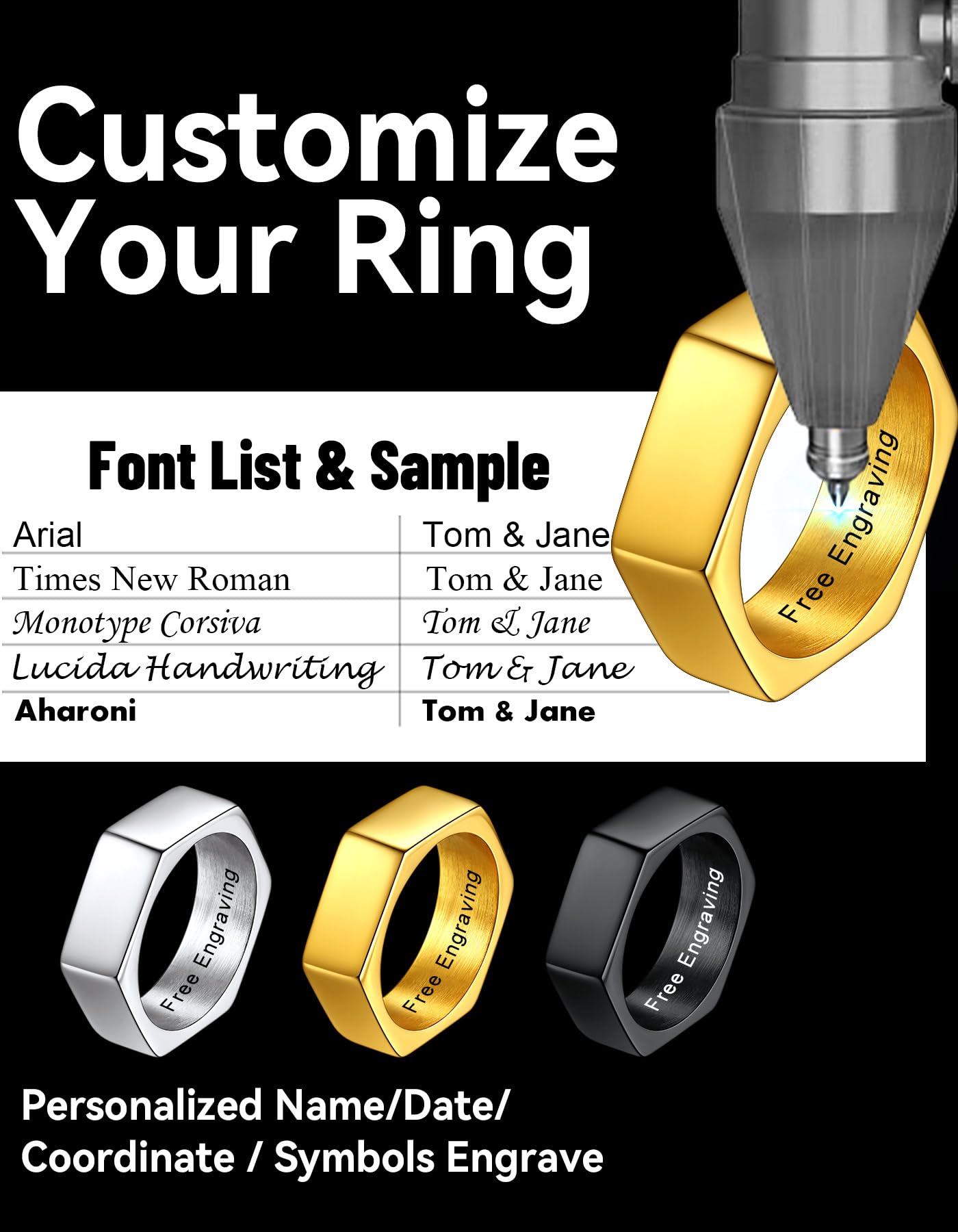 ChainsHouse Personalize Simple Band Rings 18K Gold Plated Geometric Hexagon Biker Ring for Men Women, Size 9