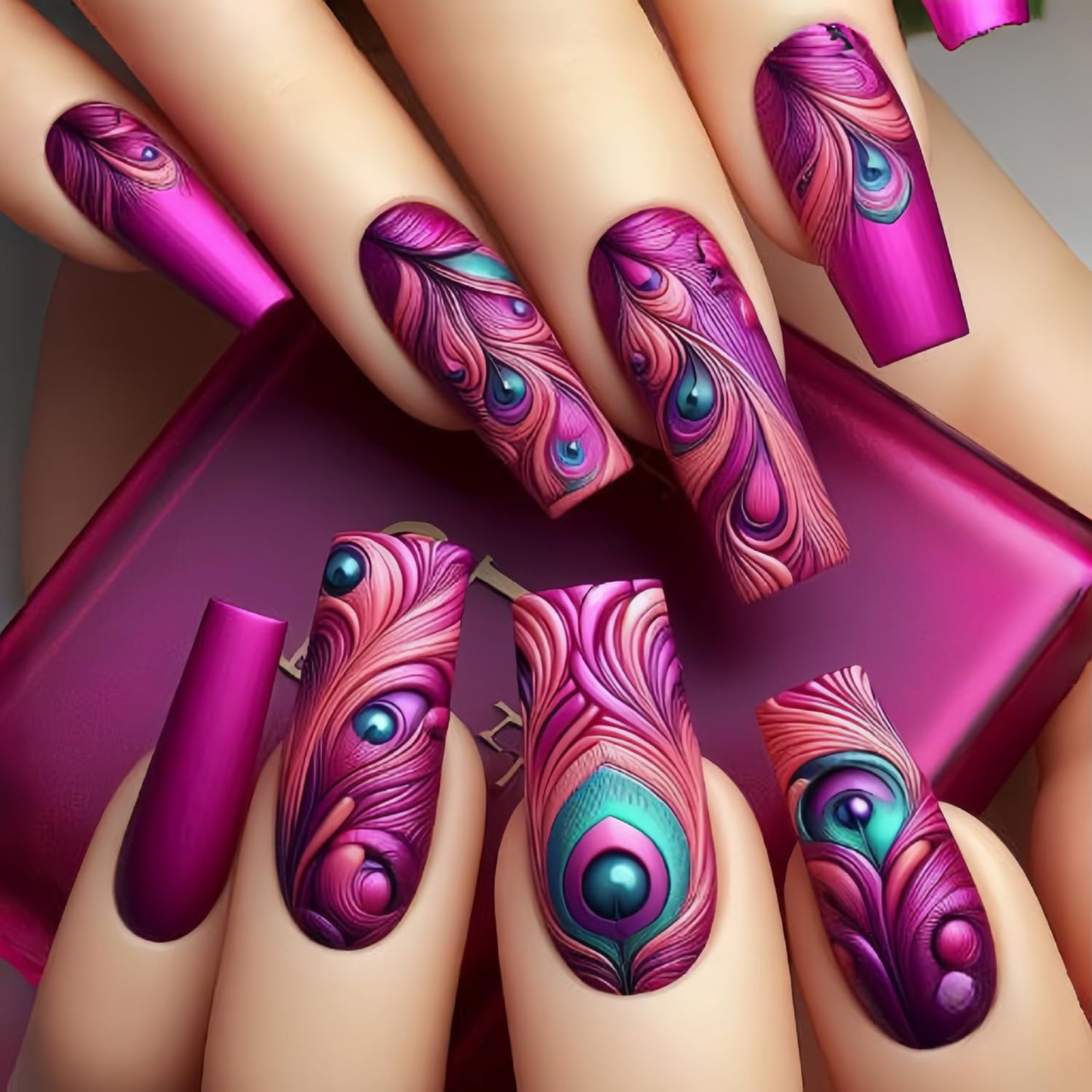 EYZOTSF Press on Nails Long Coffin Shaped Acrylic Square False Nails with Designs Artificial Extra Long Length Coffin Fake Nails with Charms Glue Stick ons Fingernails for Women Girls(Y465)
