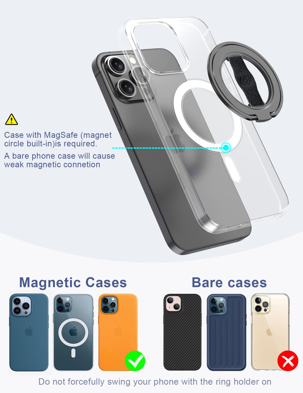 EWA MagOne 3rd Gen [Compatible with MagSafe] Phone Grip Stand with Finger Strap, Removable Magnetic Ring Holder Kickstand Loop for iPhone 16,15, 14, 13, 12 Series-(Black)