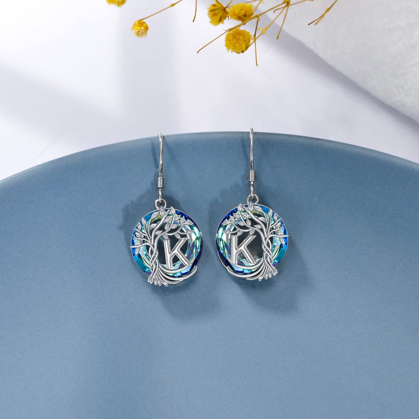 TOUPOP Tree of Life Initial Earrings Sterling Silver Initial K Letter Drop Dangle Earrings Blue Circle Crystal Family Tree Jewelry Birthday Mothers Day Gifts for Women Mom Her