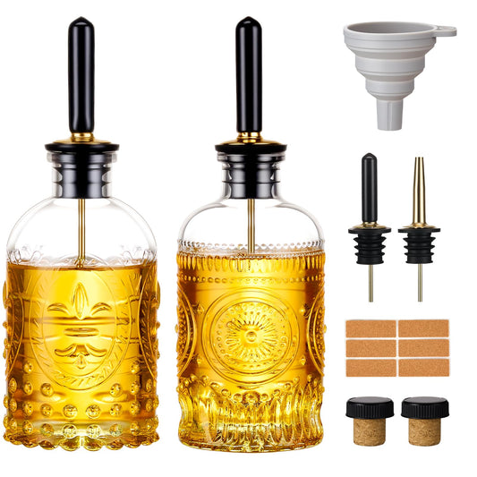 Baalaka Olive Oil Dispenser Bottle for Kitchen with Metal Spout, Glass Oil Bottles 7OZ, Elegant Glass Cooking Dispenser for Kitchen Juice Mouthwash Honey Syrup Coffee Syrup-2pcs