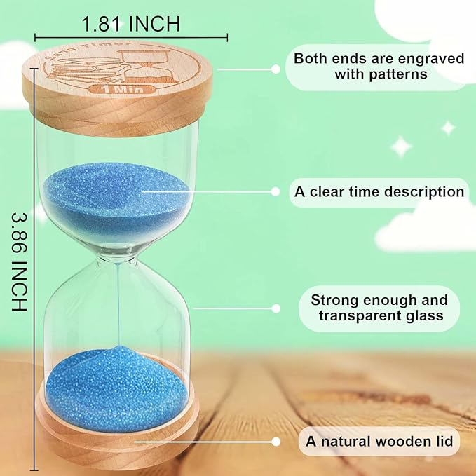 3 Minute Sand Timer, Wooden Hourglass Sand Clock, Small Wood Blue 3 Min Hour Glass, Three Minutes Sandglass for Brushing Teeth, Reloj De Arena, Classroom, Game, Kitchen, Home, Office