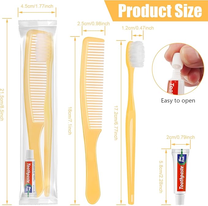 NICEMOVIC 300 Pack Disposable Toothbrushes Bulk with Toothpaste and Comb Travel Size Toothpaste Set Homeless Care Package Supplies for Bulk Individually Wrapped Disposable Travel Hotel Charity, Yellow