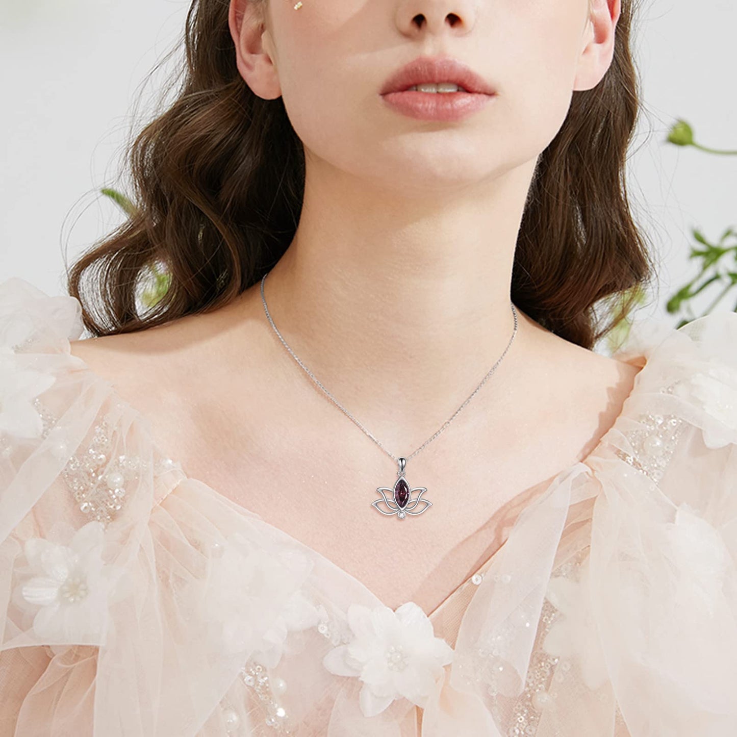 YFN Lotus Necklace Sterling Silver October Birthstone Pendant Created Pink Tourmaline Jewelry Gifts for Women (Oct)