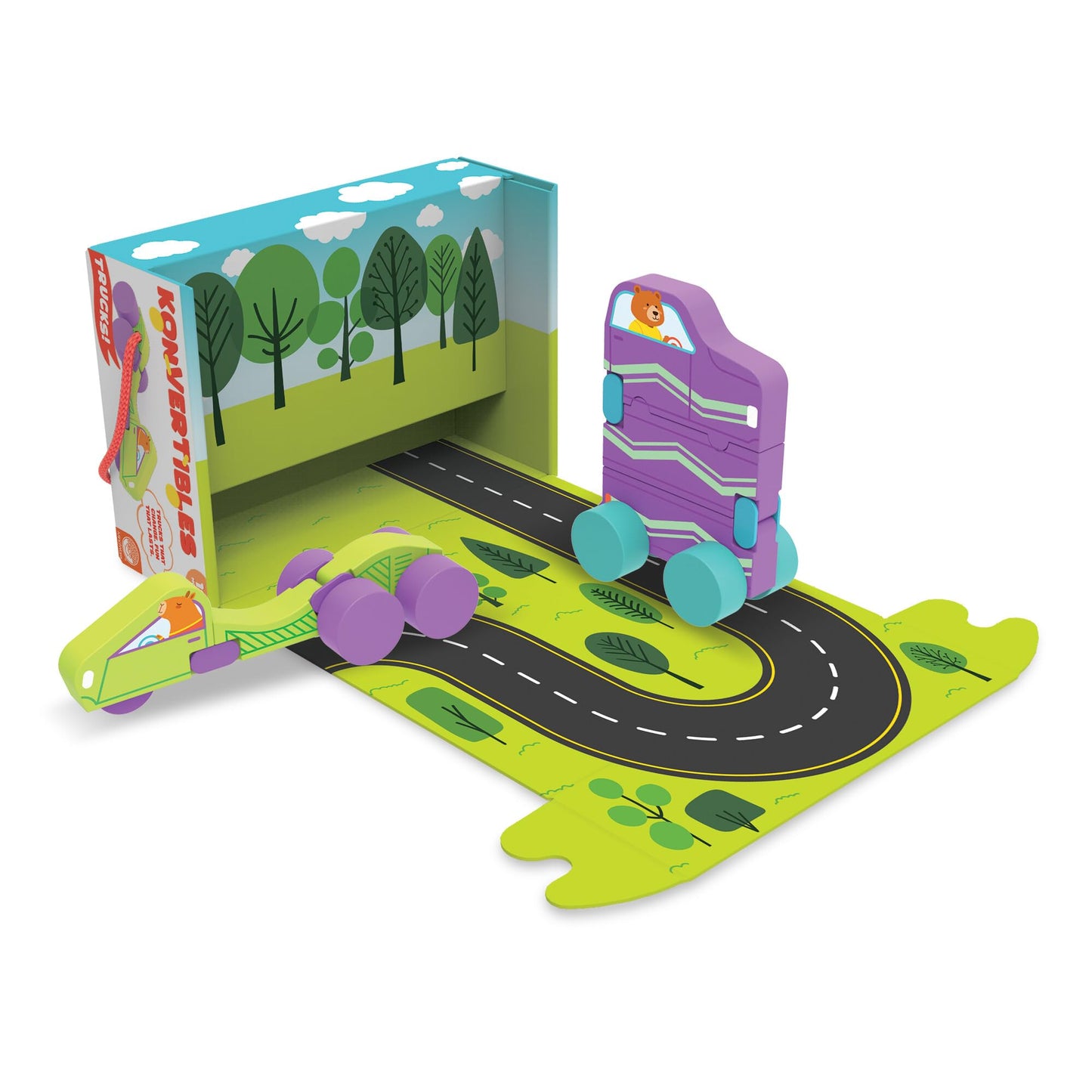 MindWare Konvertibles Transforming Wooden Trucks – 2‑Piece Flip‑&‑Change Vehicle Set with Carry‑Along Box That Becomes 3‑D Road Scene, Toddler Toy for Ages 18 Months +