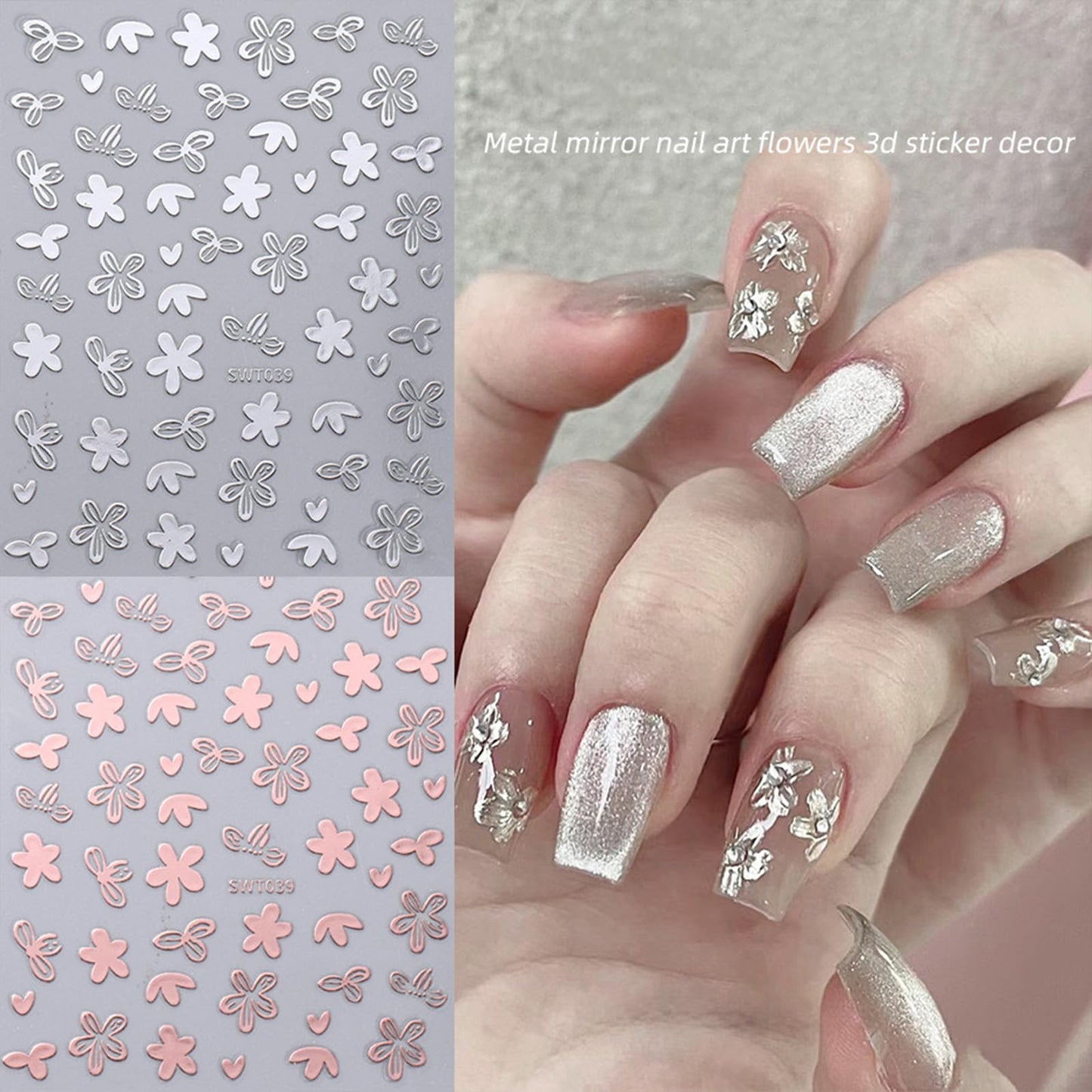 8pcs Gold Flower Leaf Nail Art Stickers 3D Self-Adhesive Metallic Nail Decals Floral Butterfly Nail Art Supplies Rose Gold Silver Petal Leaves Designs DIY Acrylic Nail Decorations for Women