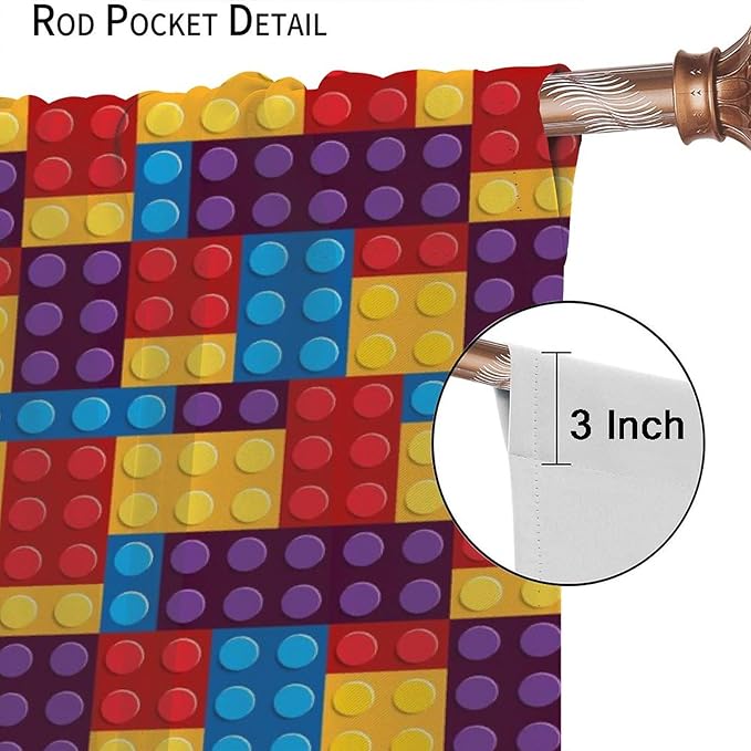 Building Block Colored Curtains, Children's Themed Curtains Collection Building Block Patchwork Cartoon Print Curtains, Light Trim 2 Panel Set Rod Pockets 52x84in
