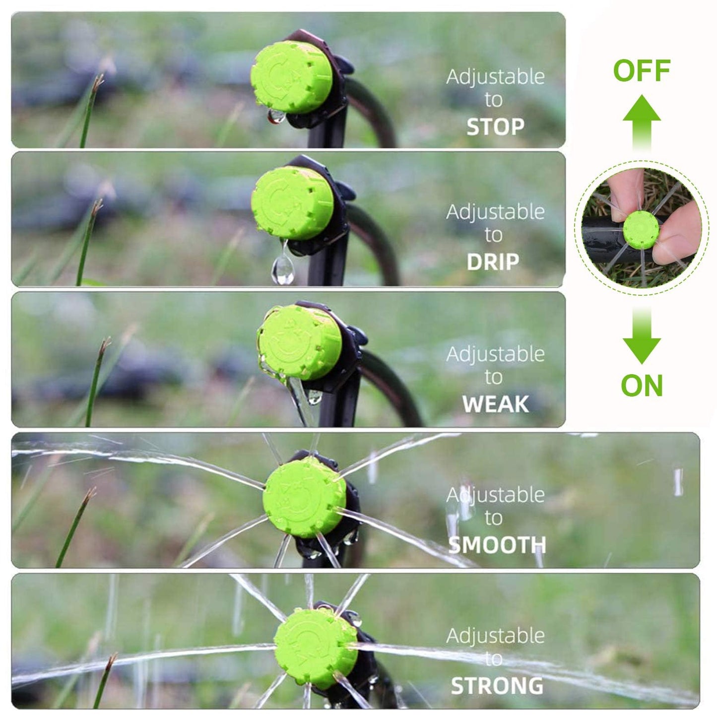 Kalolary 200Pcs Adjustable Irrigation Drippers, 1/4 Inch Barbed Drip Emitter 360 Degree Watering Sprinklers Anti-Clogging Drippers for 4mm/7mm Garden Watering System（Green）
