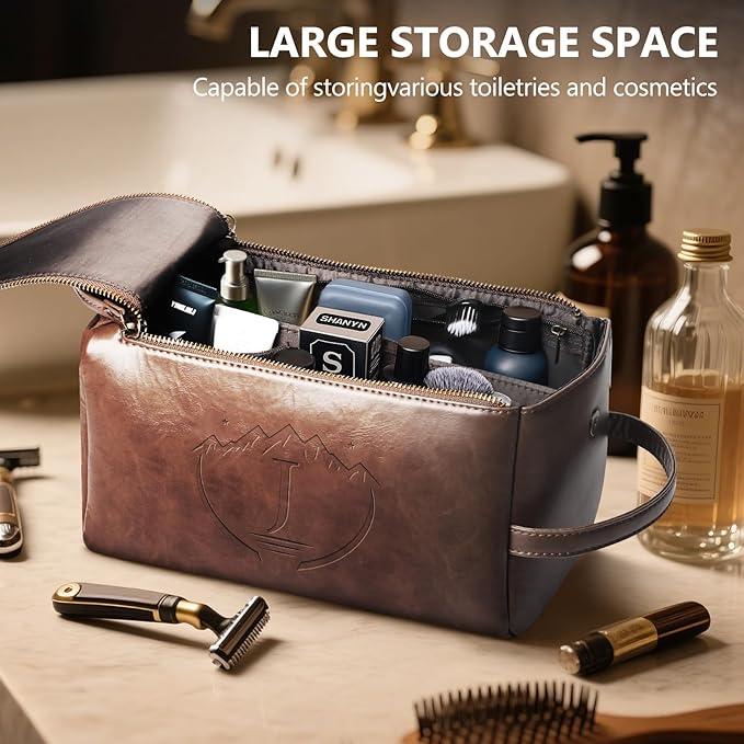 Personalized Toiletry Bag for Men,Initial Mens Toiletry Bags for Traveling,Men Travel Toiletries Bag,PU Leather Shaving Bag for Toiletries Accessories kit,Dark Brown J