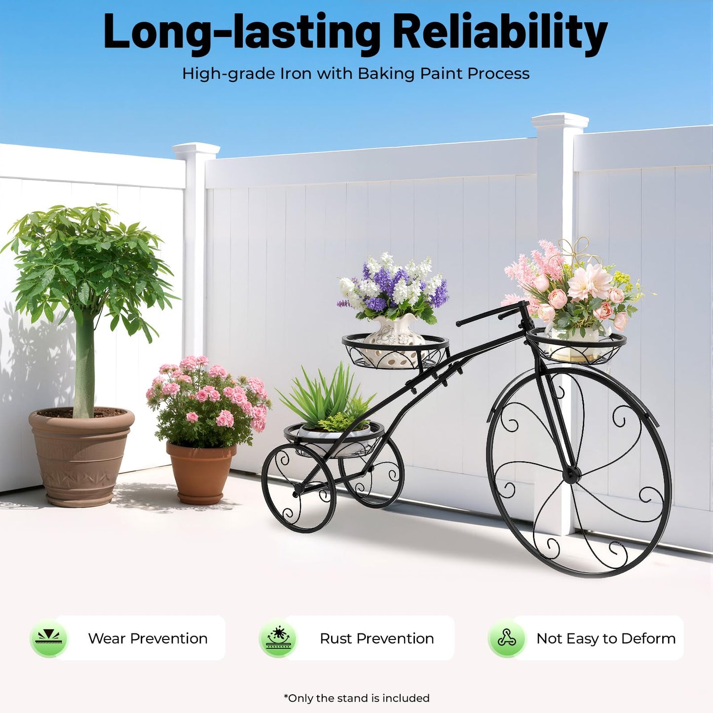Dfmyhked Metal Bicycle Plant Stand, 3-Basket Tricycle Design with 22LBS Load Capacity, 2-Plant Iron Bicycle Plant Stand for Indoor/Outdoor Garden, Balcony, Living Room (Black)