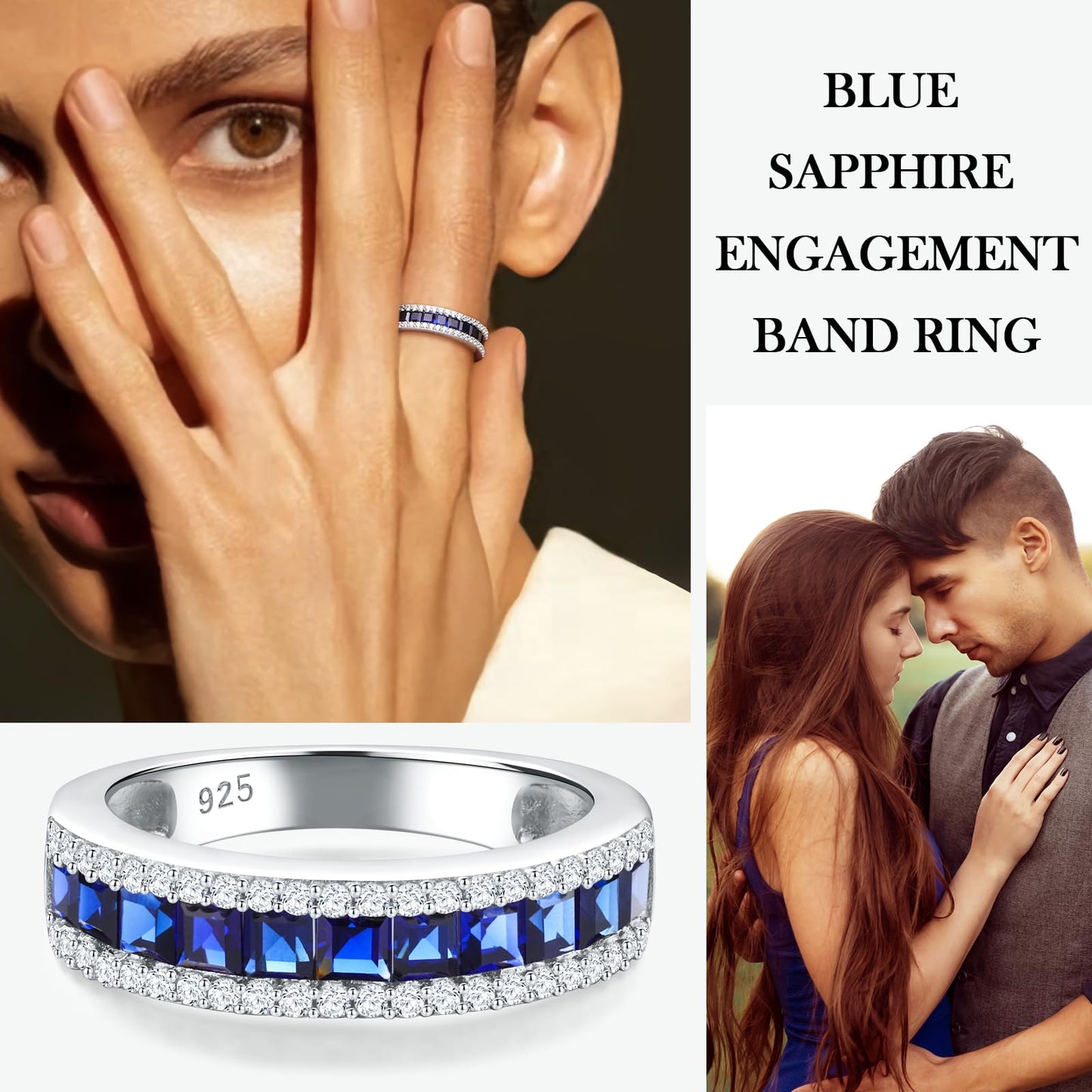 RANDES Blue Sapphire Princess Cut Engagement Rings for Women 925 Sterling Silver Channel Set Half Eternity Wedding Band Ring Size 8