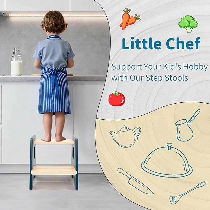WOOD CITY Toddler Step Stool-Wooden 2 Step Stools for Bathroom Sink Potty Training Kitchen Stool Helper for Kids Bonus Non-Slip Pads and Handles for Safety Blue