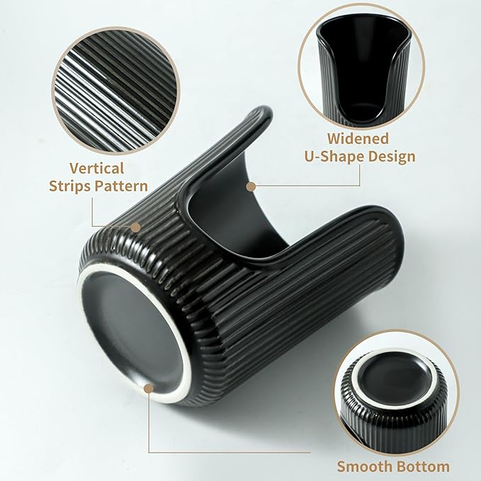 Ceramic Bathroom Cup Dispenser with Stylish Vertical Stripes - Disposable Mouthwash Cup Holder Holds 3-4oz Paper Cups for Rinsing Cups on Bathroom Vanity Countertops (Black-Black-2 Pack)