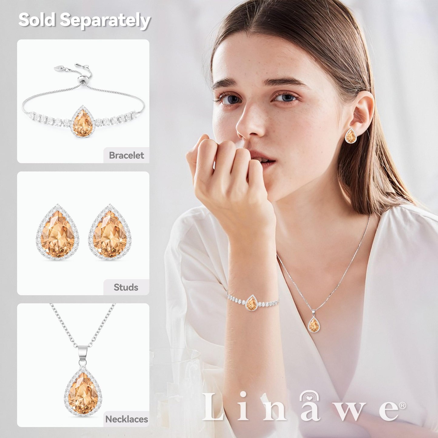 Linawe Silver Color Fake Diamond Pendant Necklace for Women Trendy, Champagne Rhinestone Cubic Zirconia Crystal Moissanite Gemstone Teardrop Necklaces, Dainty Costume Simple Drop Necklace