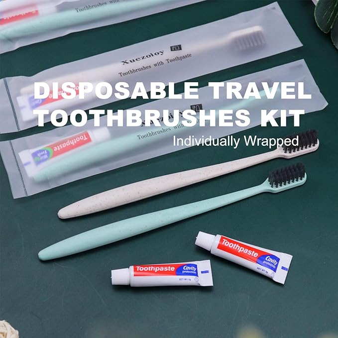 Disposable Toothbrushes with Toothpaste,100 Pack Individually Wrapped Disposable Travel Toothbrushes Kit in Bulk for Homeless,Nursing Home,Hotel,Charity (Apricot+Green)