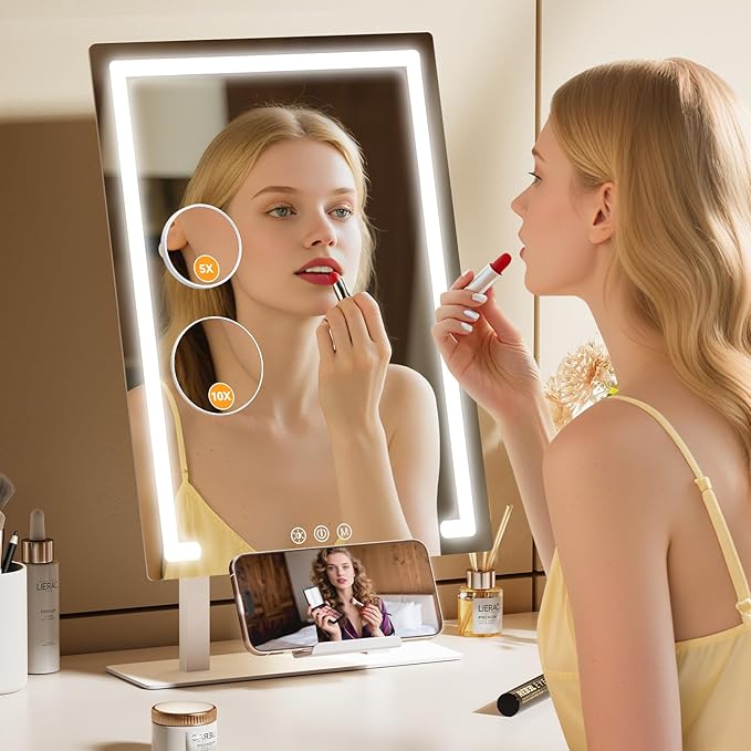 Gospire Hollywood Lighted Makeup Mirror, 4000mAh Rechargeable Vanity Mirror, 3 Color Modes Lighting Mirror with Magnification 5X/10X, Touch Control&Phone Holder, LED Desktop Mirror for Bedroom