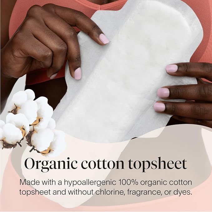 Cora 100% Organic Cotton Topsheet Maxi Pads | Maxi Period Pads with Wings | Maxi Overnight Absorbency | Unscented, Comfortable, Powerfully Absorbent, Leak Protection (48 Count)