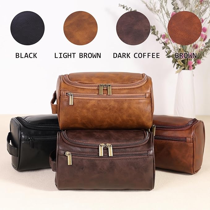 Toiletry Bag for Men, Hanging Travel Shaving Dopp Kit for Men and Women, Water-resistant Toiletries Organizer Bags, PU Leather Cosmetic Bags for Makeup Accessories (Light Brown)