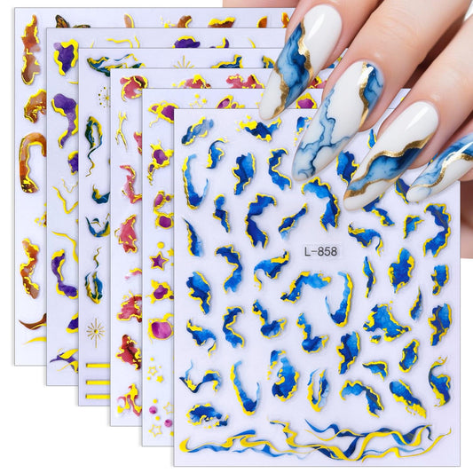 6 Sheets Colorful Marble Nail Art Stickers Decals 3D Self-Adhesive Nail Decals Gold Nail Stickers for Nail Att, Self-Adhesive Decals for Women's Nail DIY Decoration