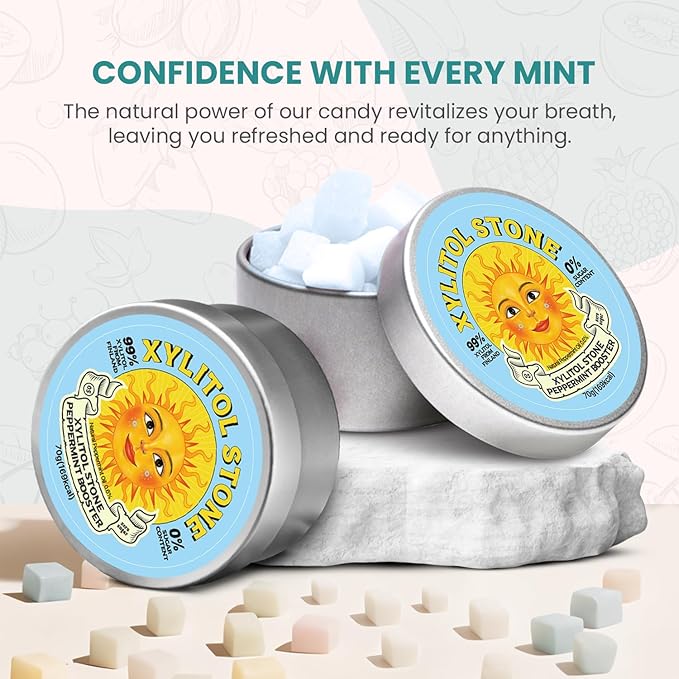 Xylitol Stone Sugar Free Candy - Vegan & Keto Friendly Unique Hard Candy - 100% Natural Flavor Candies - Gluten Free & Non-GMO Breath Freshener Low Calorie Mints - Peppermint Booster (Pack of 2)