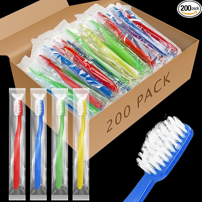 Tioncy 200 Pack Prepasted Disposable Toothbrushes Individual Wrapped Toothbrushes Soft Bristle Travel Toothbrush Single Use Wrapped for Hotel, Camp, Travel and Gift for The Homeless (Dopamine Colors)