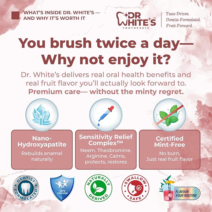 Dr. White’s Fluoride-Free nHA Toothpaste 3-Pack; Dentist-Formulated, Nano Hydroxyapatite + Xylitol, Sensitivity Relief Complex™, Mint-Free, Enamel Safe, Swallow-Safe (3.5 Oz, Cherry Bloom)