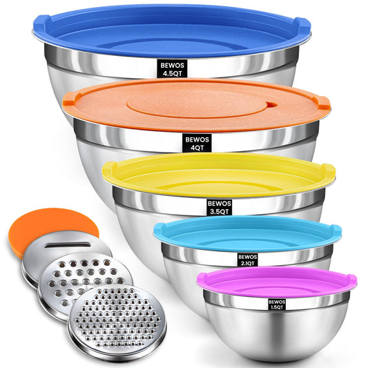 BEWOS Mixing Bowls with Lids Set - 5 Pcs Stainless Steel Mixing Bowls With 3 Grater Attachments, Size 4.5, 4, 3.5, 2.1, 1.5QT Metal Bowls for Baking and Serving (Colored)