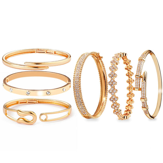 6-Piece 18K Gold Plated Bangle Bracelet Set for Women - Clover, Rivet & Safety Pin Designs, Stackable Trendy Jewelry, Zinc Alloy with Rhinestones, Tarnish & Oxidation Resistant, Gift for Her, Girlfriend, Wife, Mom, Sister, Lover on Birthday, Christmas, Va
