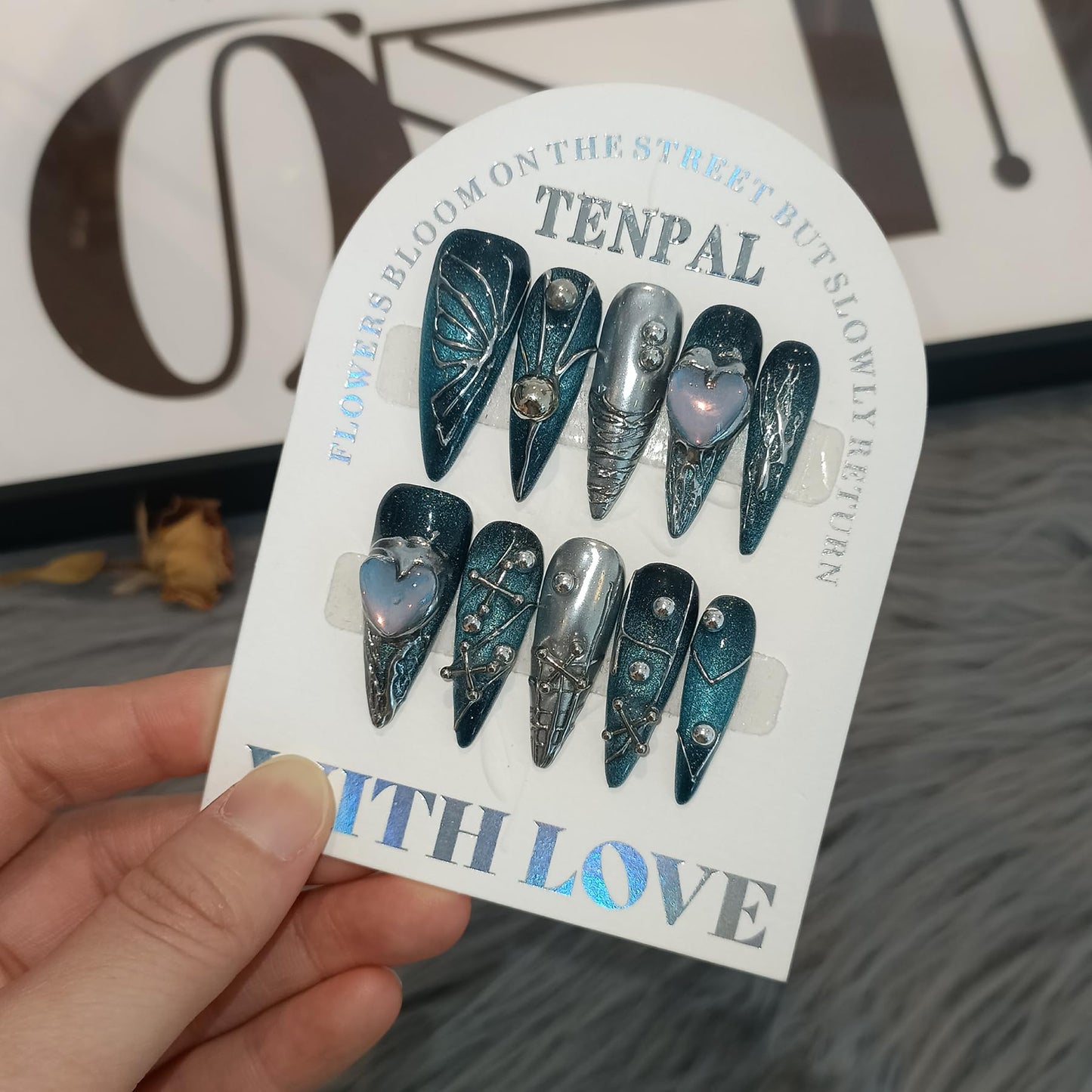 TENPAL Handmade Press on Nails Long Stiletto,Galaxy Ombre Blue-Black Fake Nails with 3D Butterflies Cross Beads Gem Stones,Edgy Y2K Metal Embossed Meteor Glitter Design Salon False Nail Kit 10pcs(L)