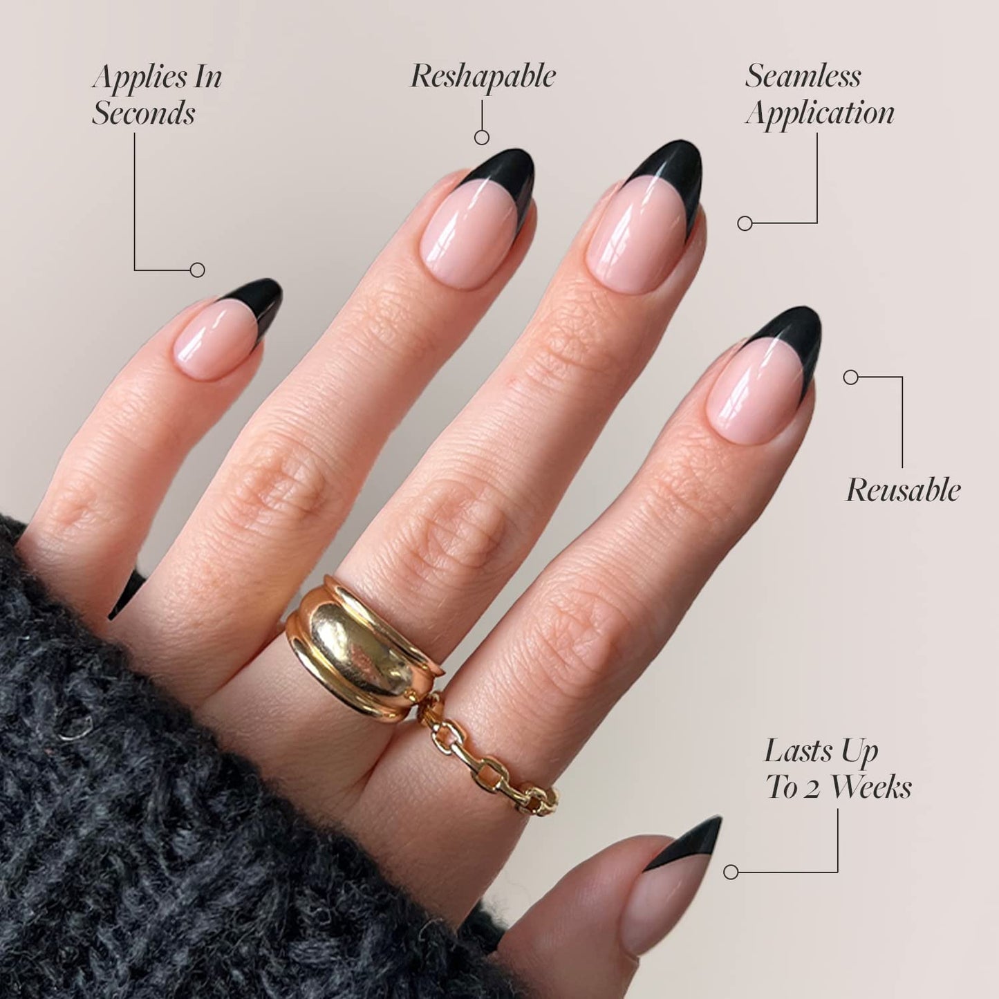 Glamnetic Press-On Nails Bundle - Burnt Miso & Caviar | Super Short Glazed Black French Tips | Short Almond Glossy Black French Tip Fake Nails | Durable, Salon-Quality Nail Kits