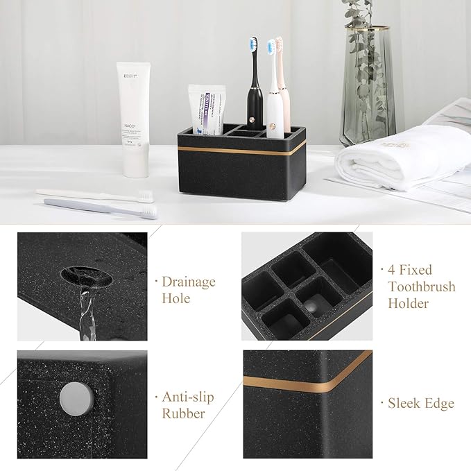 Shinowa Resin Toothbrush Holder, 5 Slots Hygienic Electric Toothbrush Holder Storage Stand Organizer for Toothbrush, Toothpaste, Razor, Gravel Black