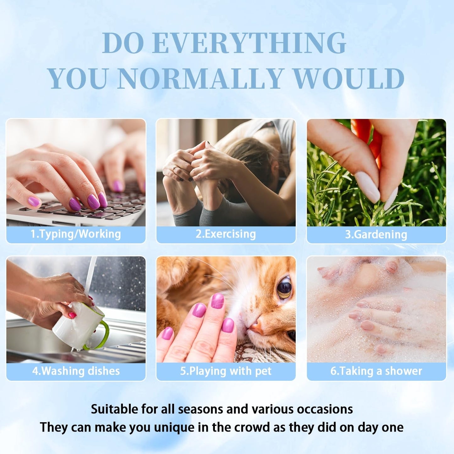 Sky Blue Press On Nails - Short Square, Soft Gel Glue On, 24pcs Reusable Acrylic Nails