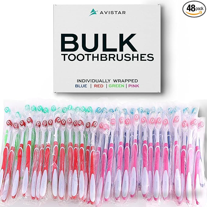 Bulk Toothbrushes Pack - 48 Individually Wrapped Toothbrushes Bulk for Travel, Hotels, Relief Missions, and Donations - Bulk Disposable Toothbrush Pack Adults and Kids