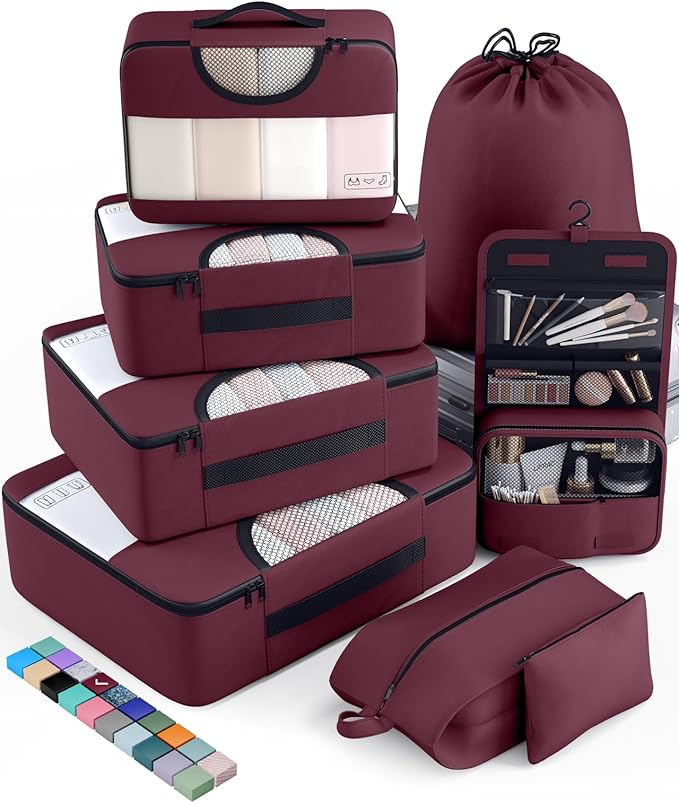 Veken 8 Set Packing Cubes for Travel Essentials, Suitcase Organizer Bags in 4 Sizes, Carry-On Luggage Accessories with Large Laundry & Hanging Toiletry Bag, Must-Have for Airplane, Road Trip & Camping