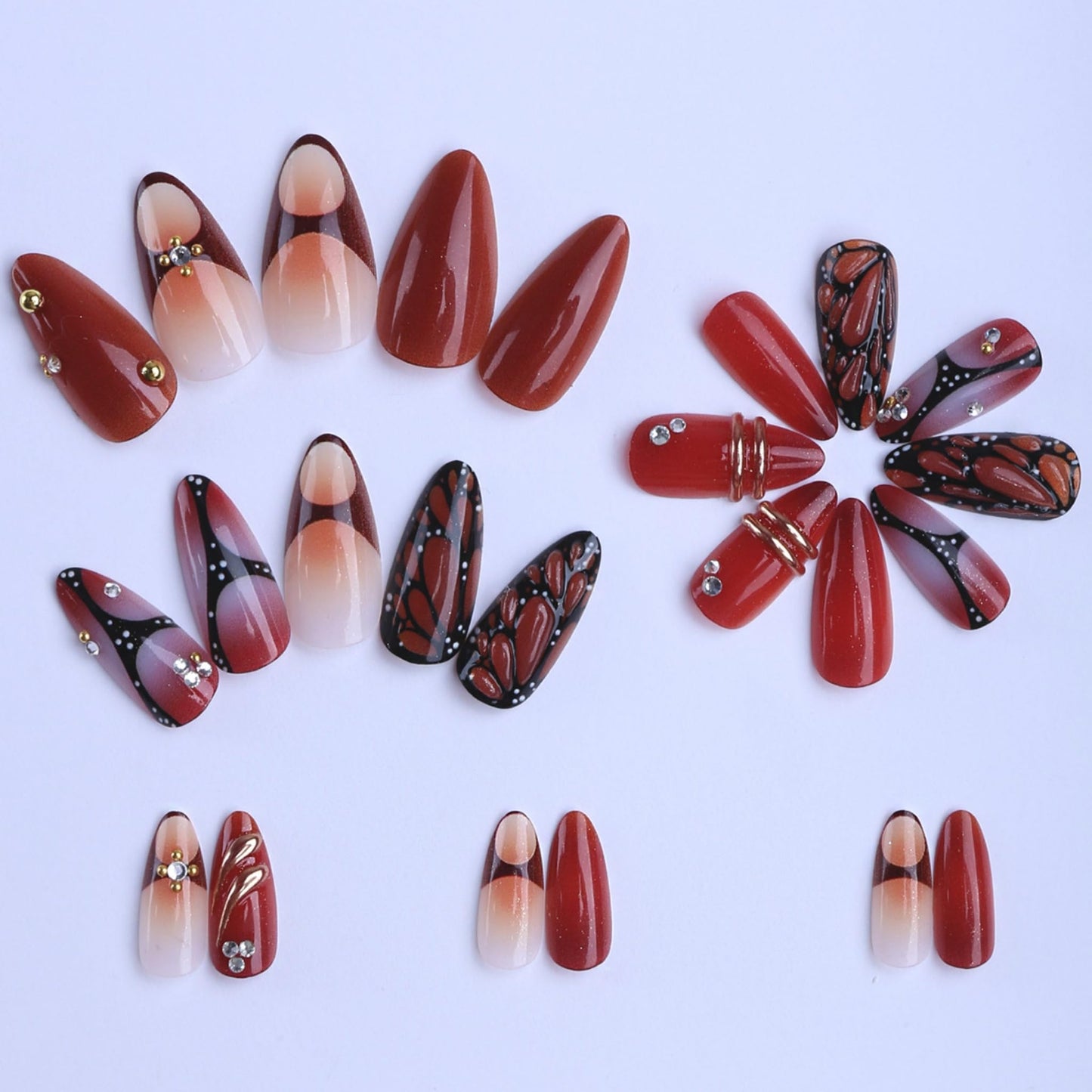 Almond Press on Nails Long Fake Nails Red Acrylic Nail Press ons SEENEEY Black Butterfly Designs Gold Charm Rhinestones Stick on Nail for Women 24pcs