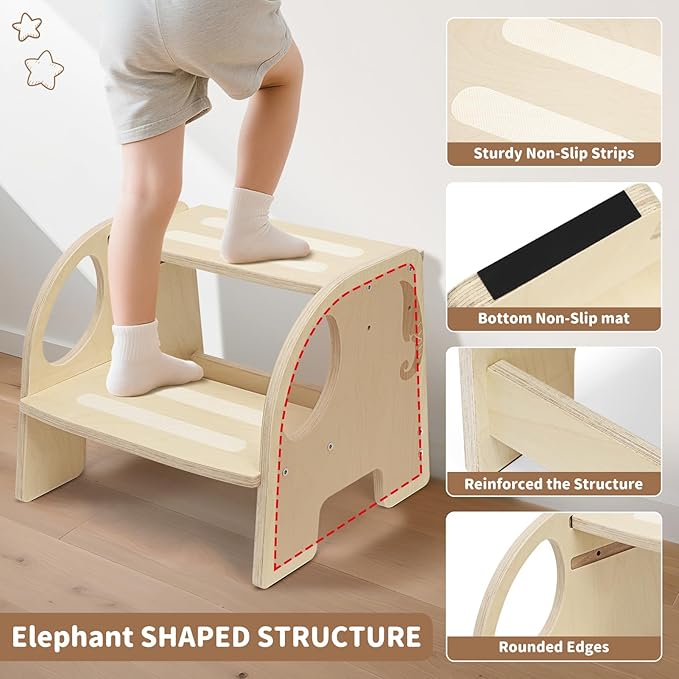 Wooden Toddler Step Stool - Height-Adjustable Non-Slip 2-Step Stool for Kids, Potty Training for Bathroom Sink, Kitchen & Bedroom, 200 lbs Capacity - Sturdy, Safe and Durable