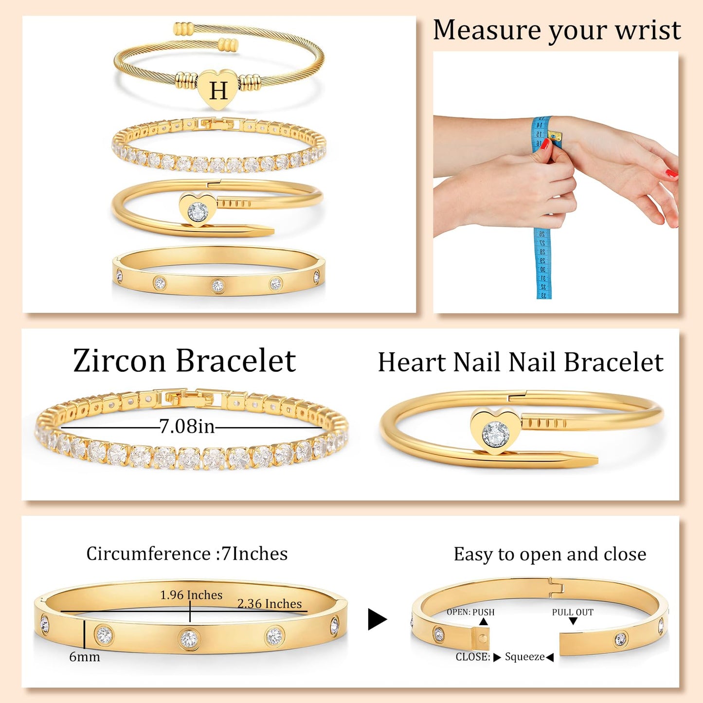 MEIERYA18K Gold Plated Nail love Bangle Bracelet Set for Women,Cubic Zirconia,Adjustable tennis bracelet Trendy Gift Jewelry for Mother's Day Anniversary (07-Style-H)